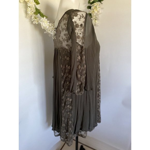World Market Grey Mini Flare Dress Tunic Women S/M Lace Accents Long Sleeve Vtg - Picture 14 of 16